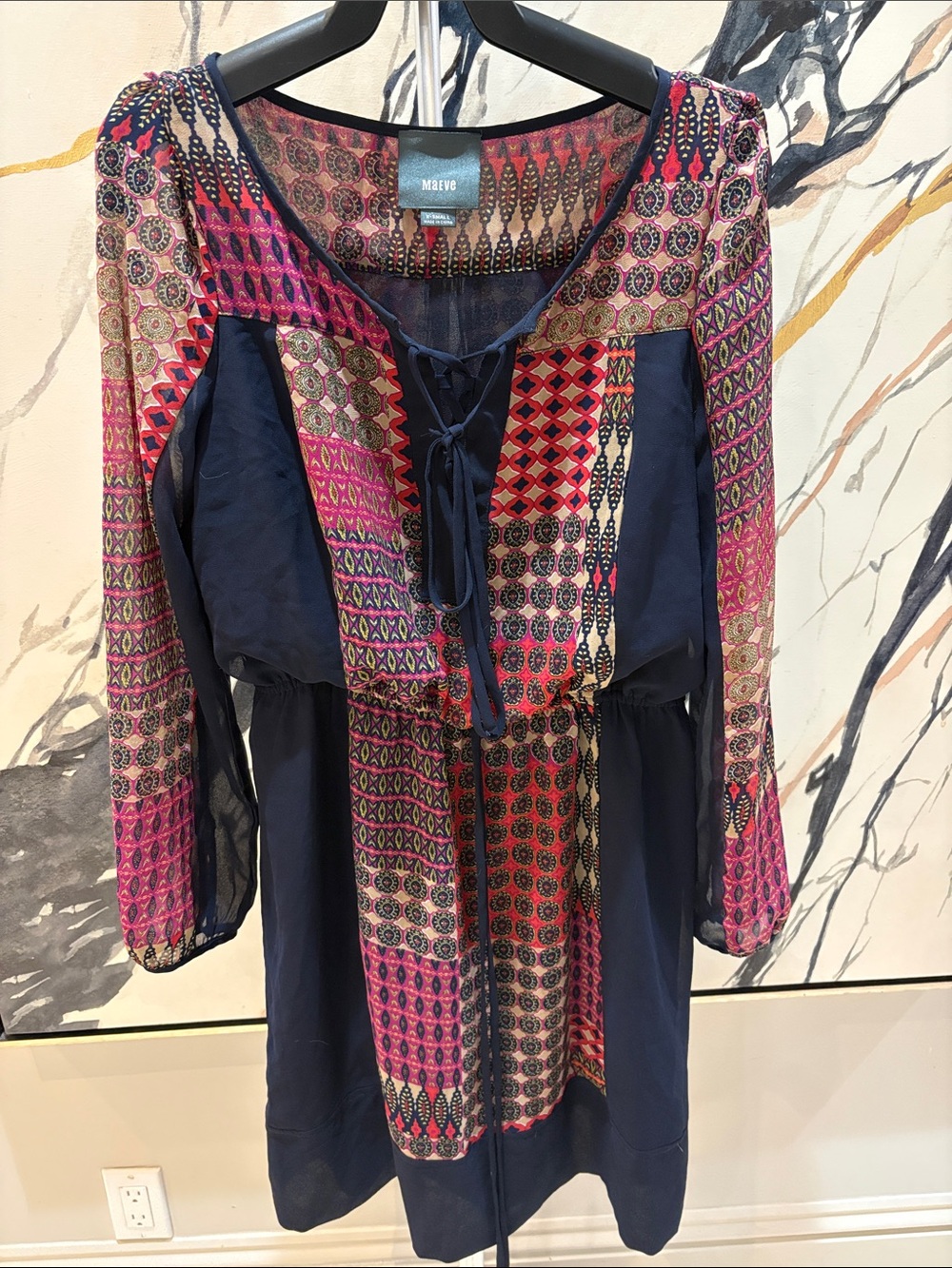 Maeve Navy and Pink Patterned Tunic with Lace-Up Detail